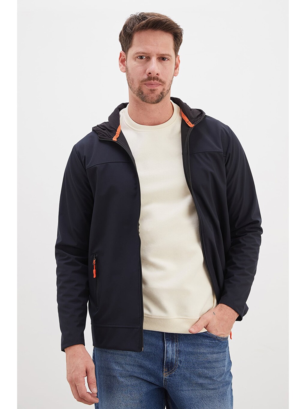 Lacivert Fermuarlı Kapüşonlu Softshell Ceket