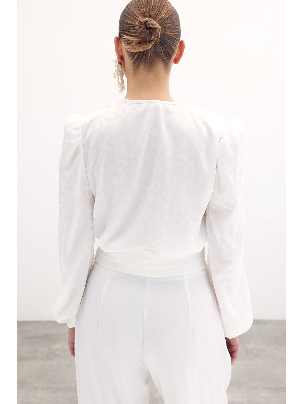 Kruvaze Desenli Bodysuit Bluz - Ekru-5