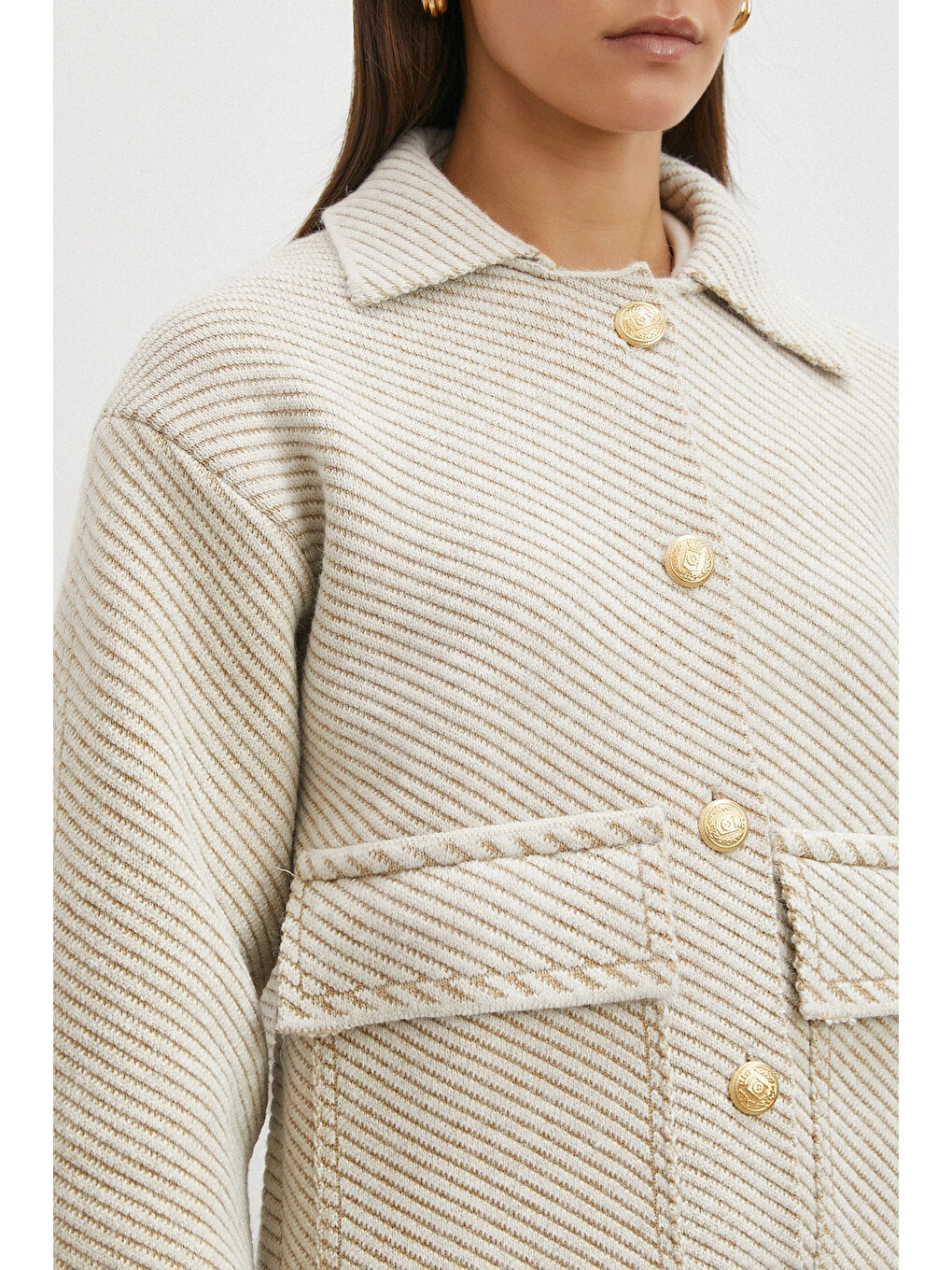 Ekru Polo Yaka Cepli Gold Düğmeli Ceket Krem-4