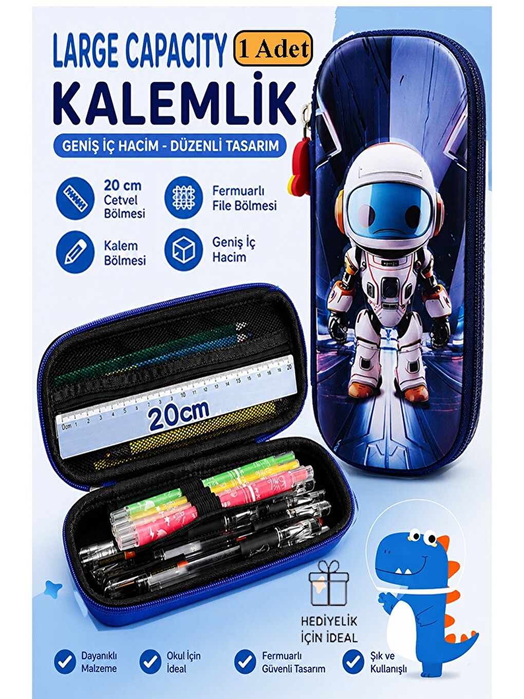 Astronot Kabartmalı Bölmeli Kalemlik 1 Adet P-5953 Erkek Çocuk Okul Kalem Kutusu 3 Boyutlu Uzay Kari