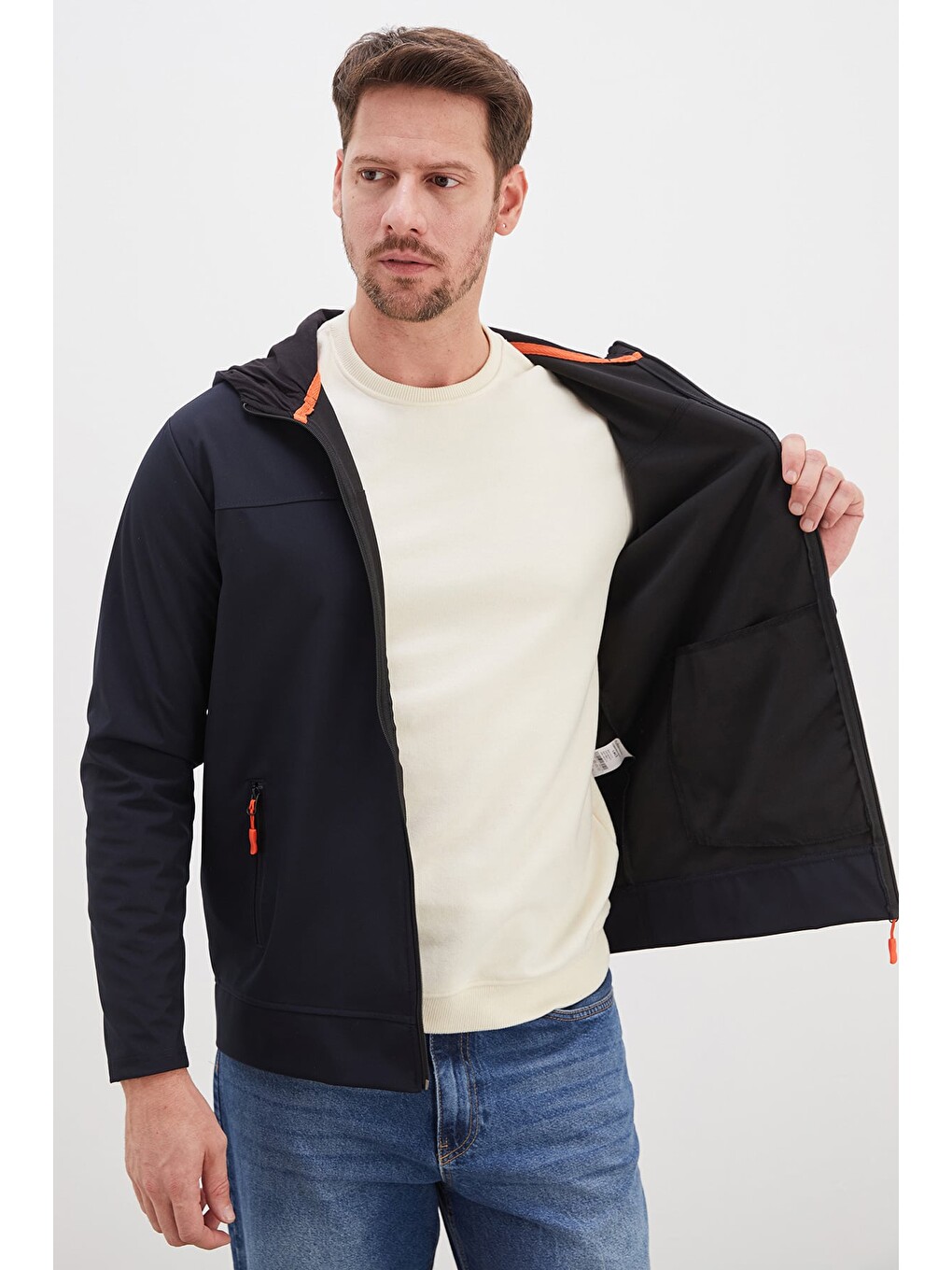 Lacivert Fermuarlı Kapüşonlu Softshell Ceket-3