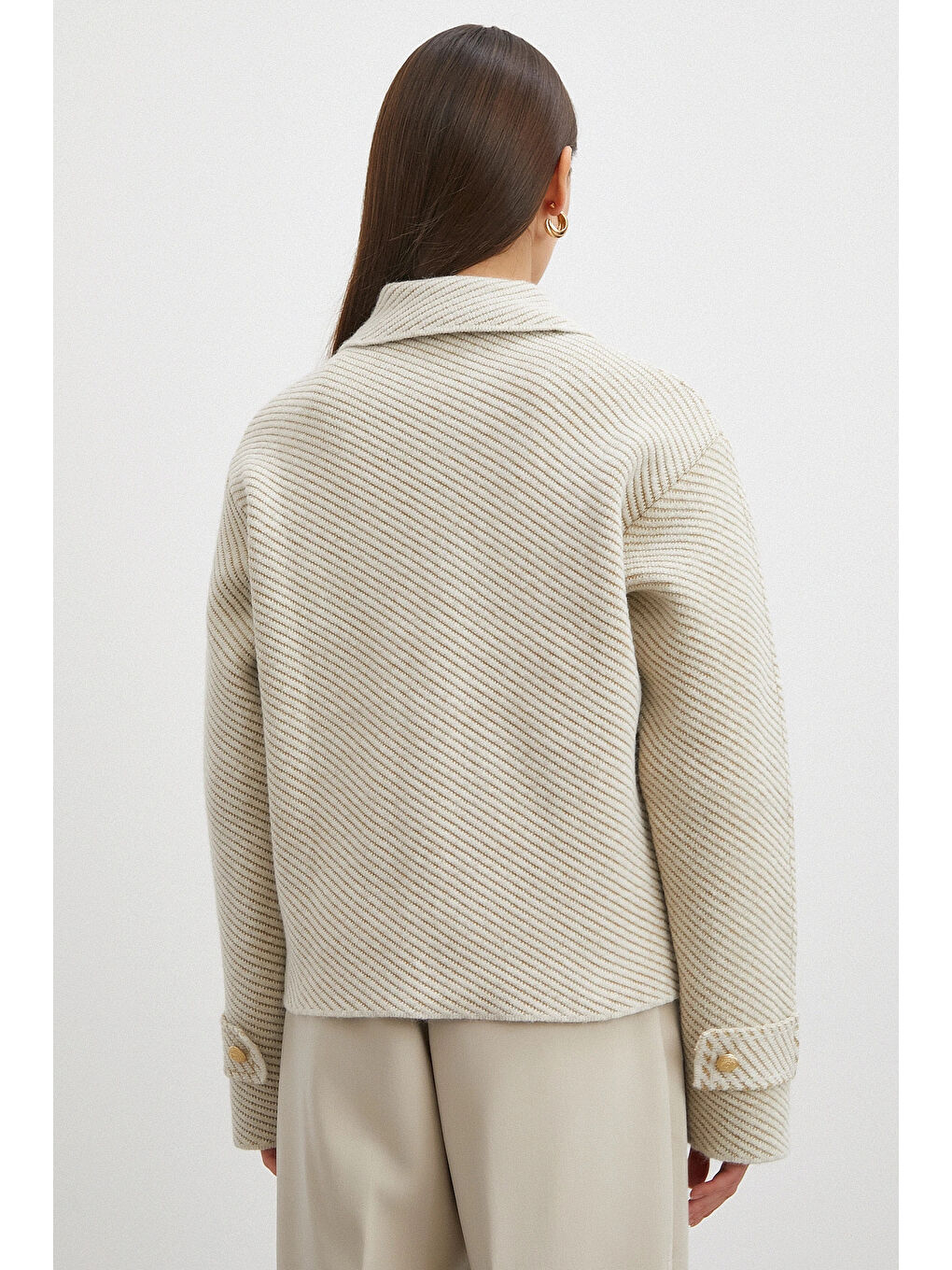 Ekru Polo Yaka Cepli Gold Düğmeli Ceket Krem-5