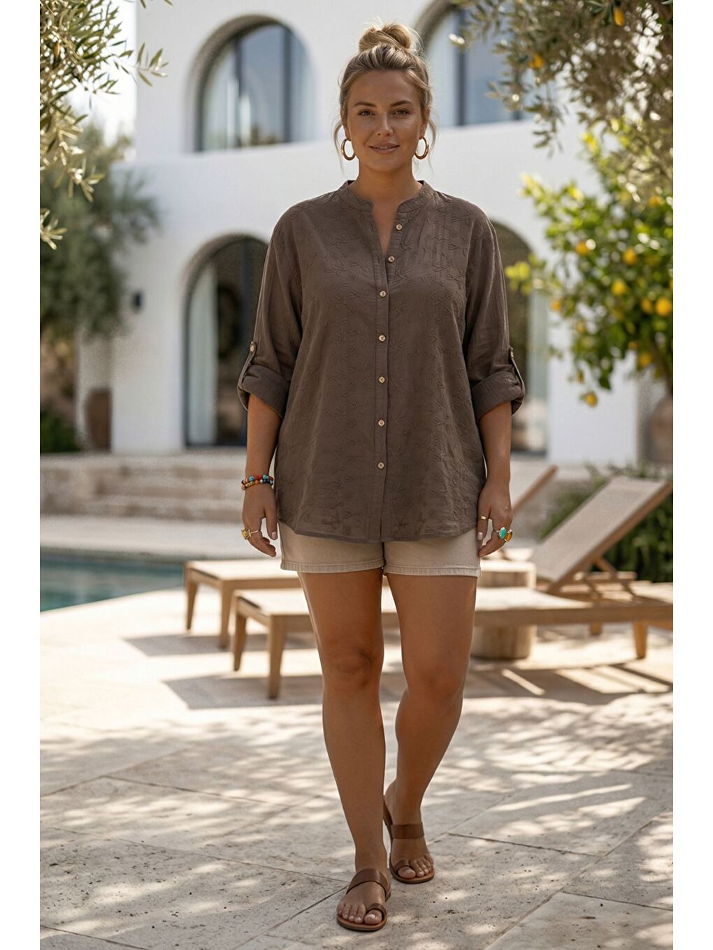 Kahverengi Hakim Yaka Düğmeli Uzun Kollu Düğmeli Casual Müslin Dokuma Gömlek 75 63-3