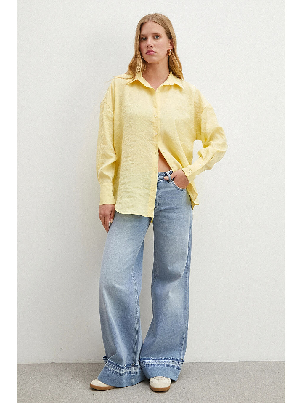Dökümlü Oversize Modal Gömlek Sarı-1
