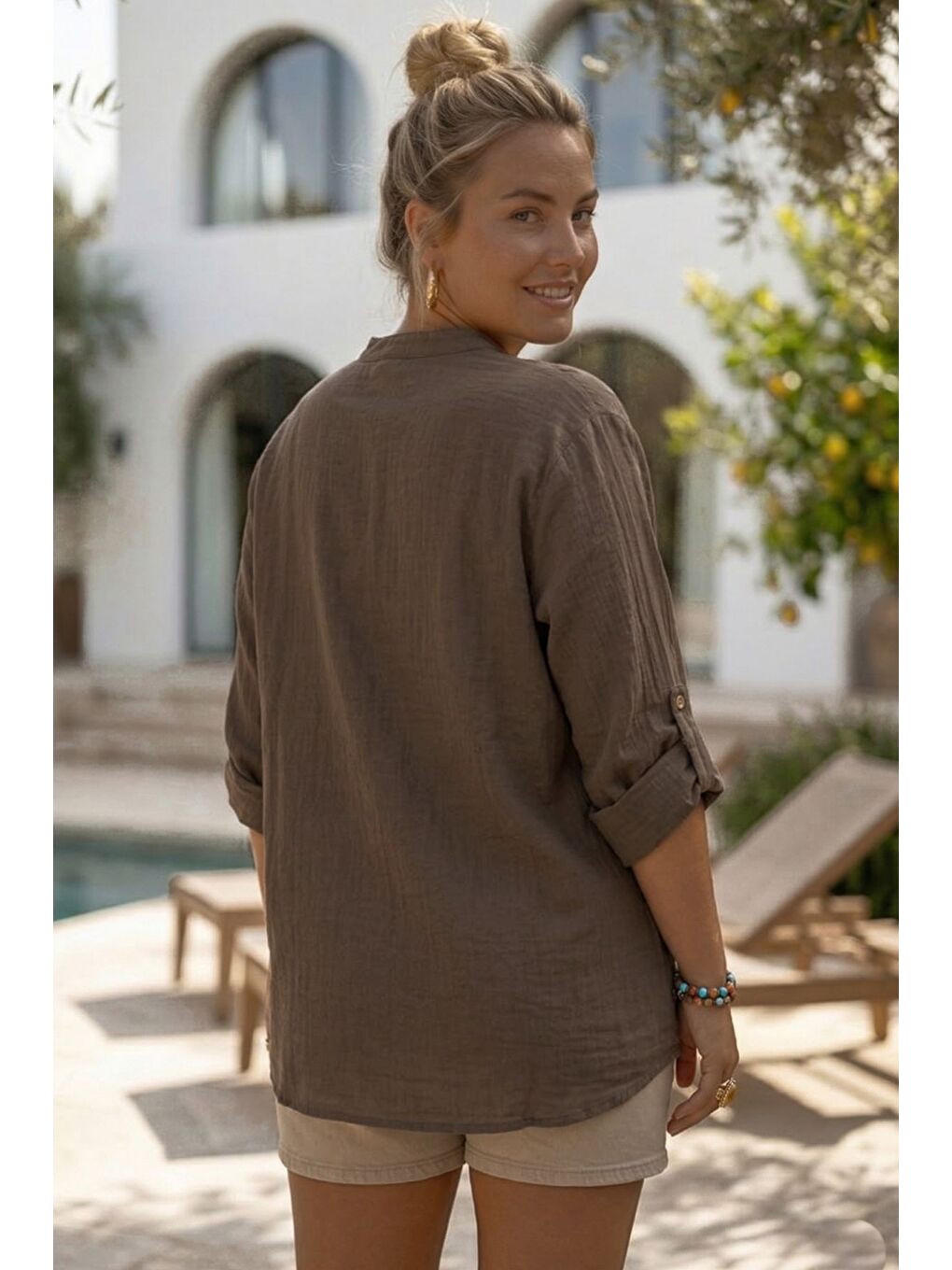 Kahverengi Hakim Yaka Düğmeli Uzun Kollu Düğmeli Casual Müslin Dokuma Gömlek 75 63-4