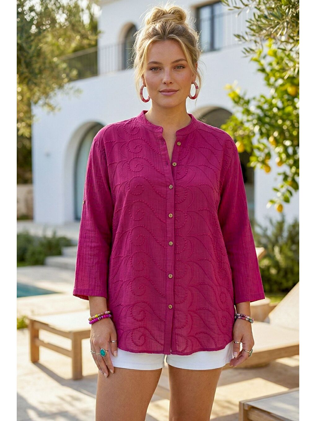 Fuşya Hakim Yaka Düğmeli Uzun Kollu Düğmeli Casual Müslin Dokuma Gömlek 75 63