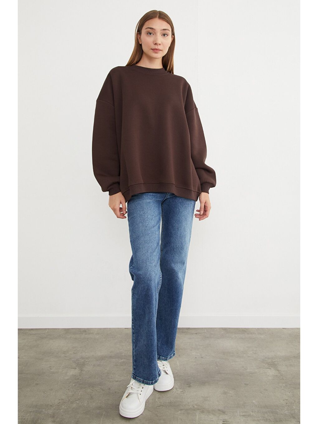 Kahverengi 3 İplik Basic Oversize Sweatshirt-1