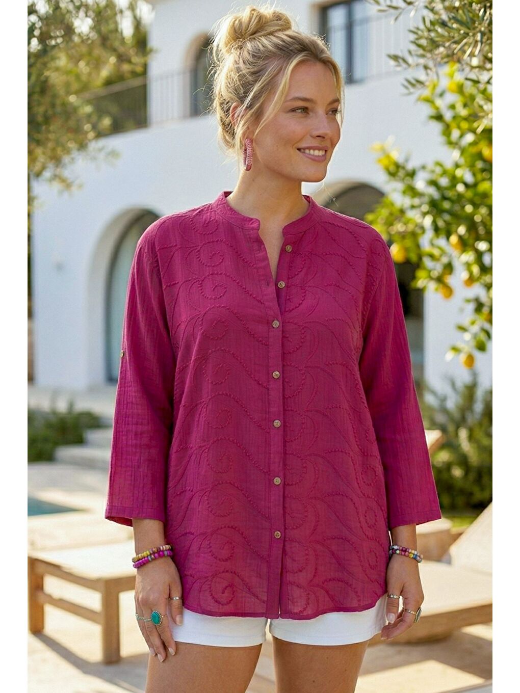 Fuşya Hakim Yaka Düğmeli Uzun Kollu Düğmeli Casual Müslin Dokuma Gömlek 75 63-1