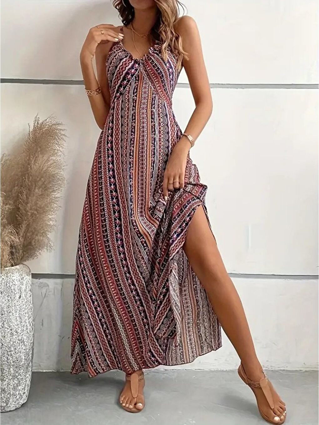 Bordo Kadın Ip Askılı Sırttan çapraz Detaylı Yırtmaçlı Desenli Süprem Elbise-4