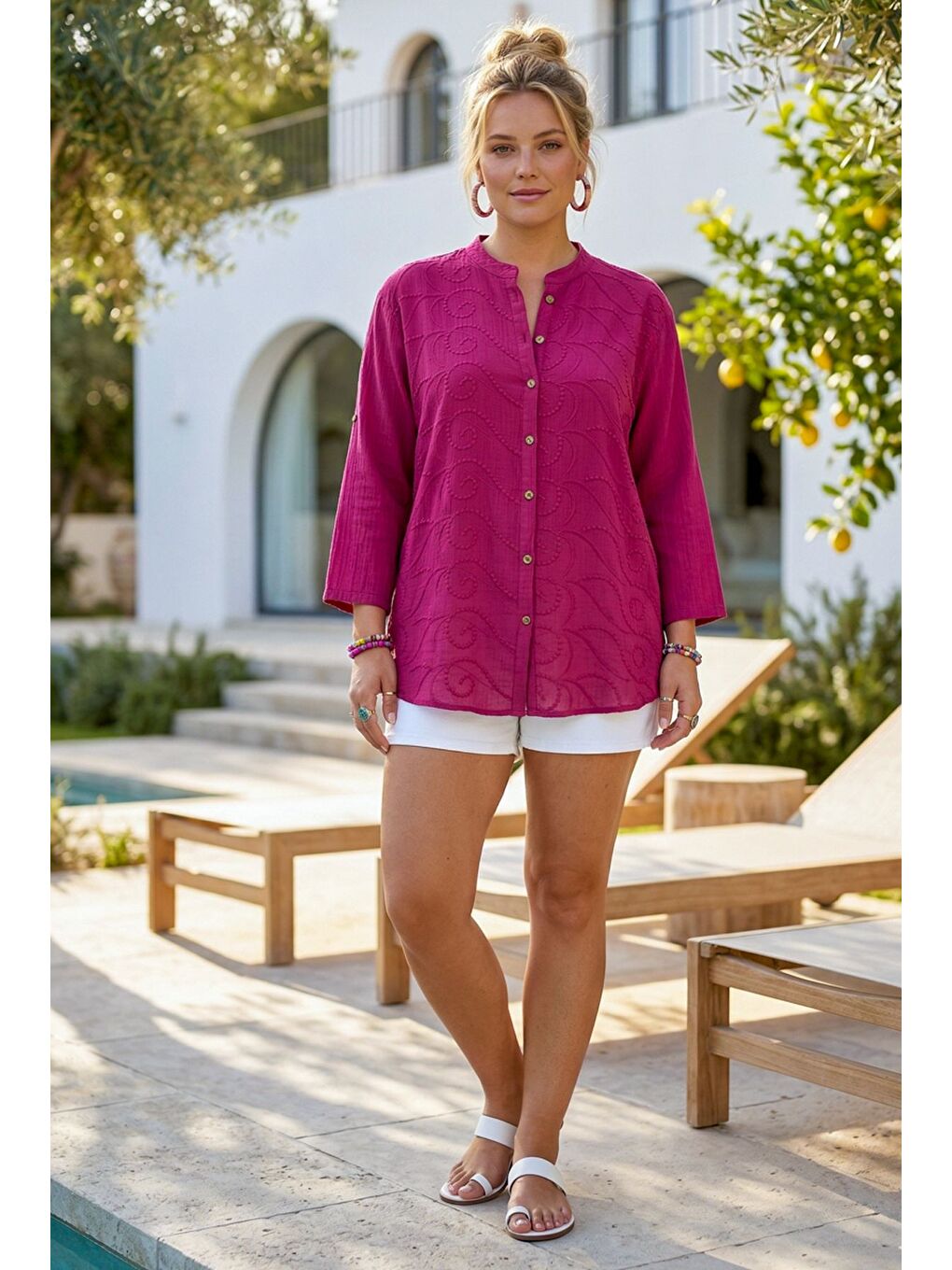 Fuşya Hakim Yaka Düğmeli Uzun Kollu Düğmeli Casual Müslin Dokuma Gömlek 75 63-2