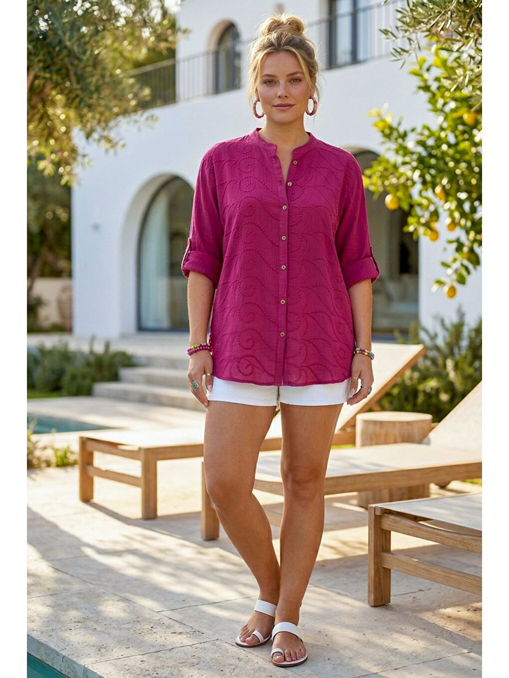 Fuşya Hakim Yaka Düğmeli Uzun Kollu Düğmeli Casual Müslin Dokuma Gömlek 75 63-3