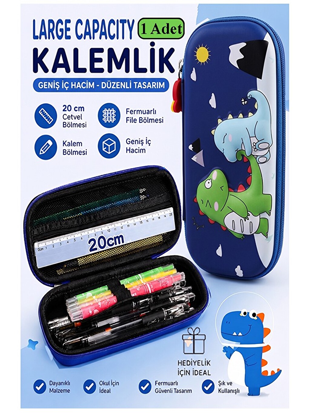 Dinozor Kabartmalı Bölmeli Kalemlik 1 Adet P-5953 Erkek Çocuk Okul Kalem Kutusu 3 Boyutlu Sevimli Ka