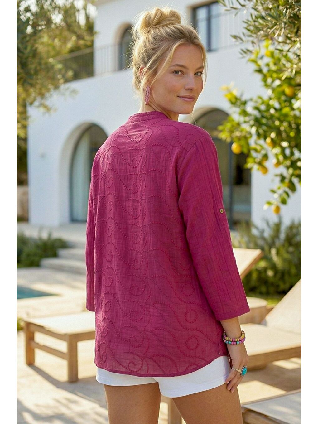 Fuşya Hakim Yaka Düğmeli Uzun Kollu Düğmeli Casual Müslin Dokuma Gömlek 75 63-4