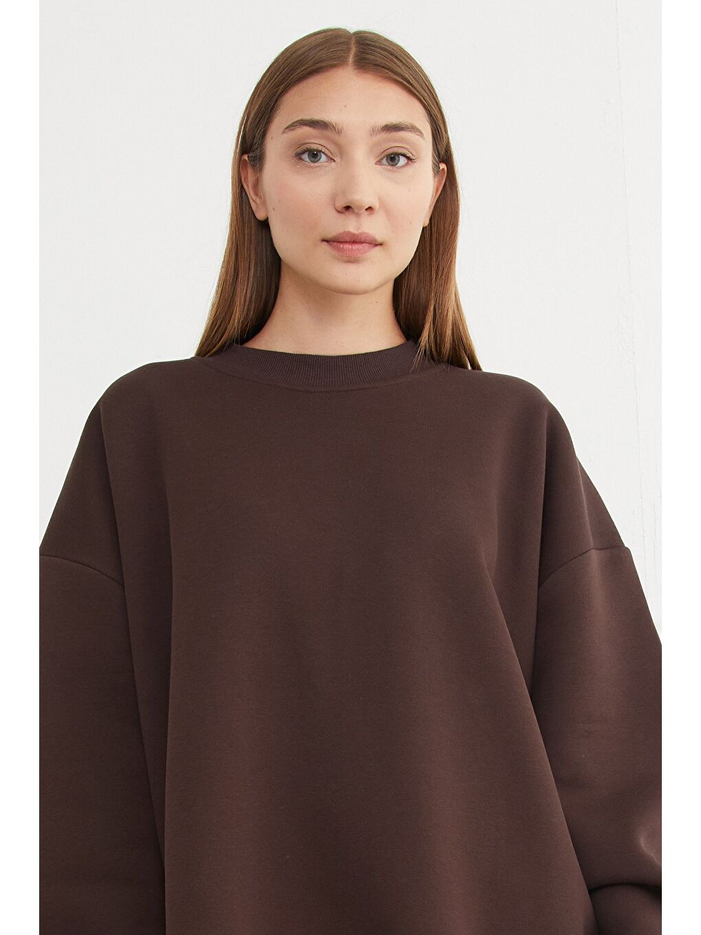 Kahverengi 3 İplik Basic Oversize Sweatshirt-2