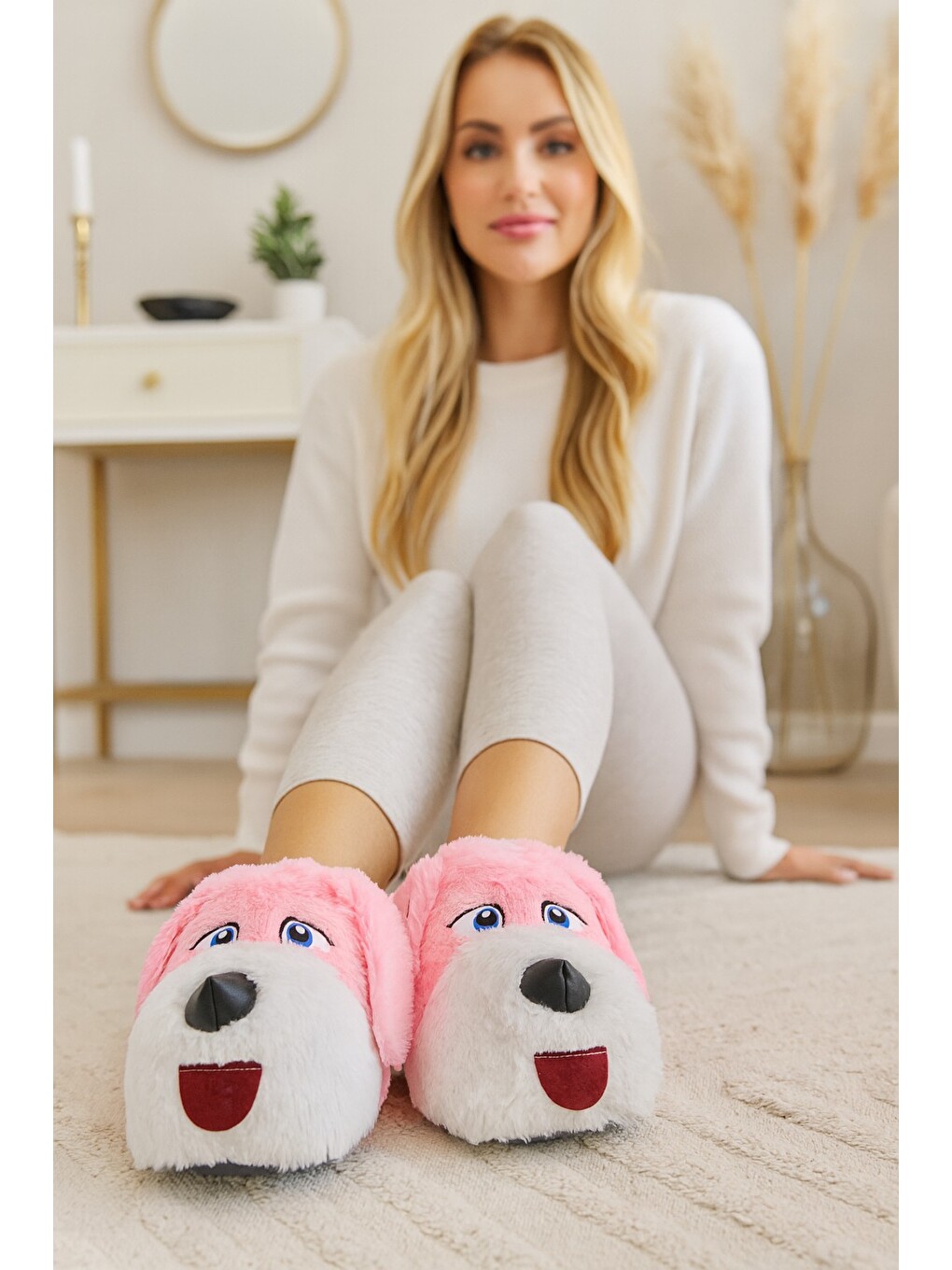 Pembe Köpekli Pelüş Unisex Hayvanlı Panduf Ev Ayakkabısı Pufidik