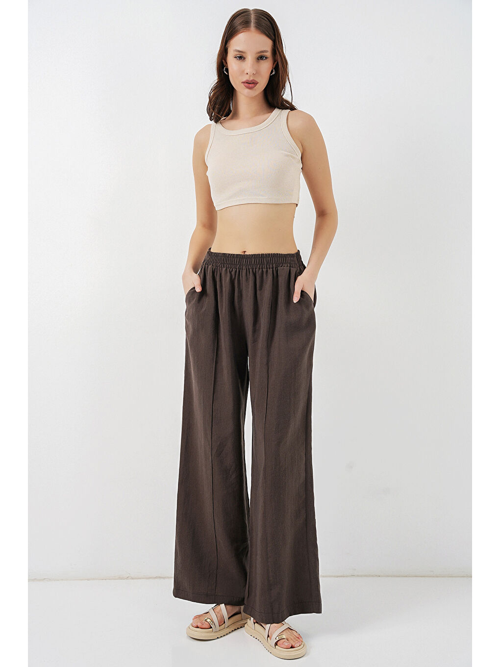 Kahverengi Kadın Beli Lastikli Bol Paça Pantolon 30087 - A.Kahve