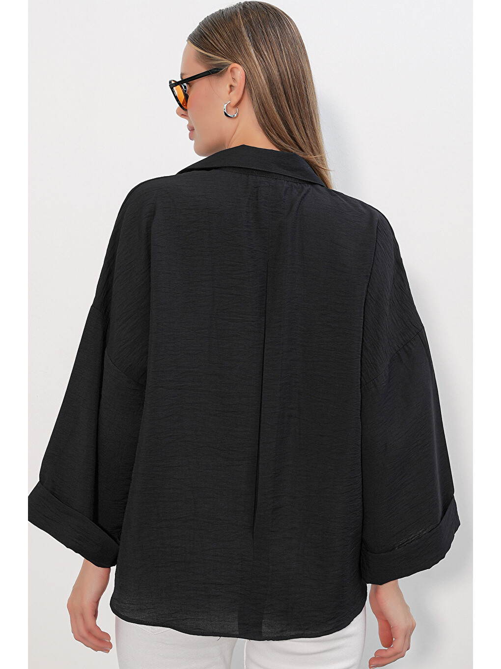 Kadın Geniş Kol Oversize Gömlek 20401 - Siyah-5