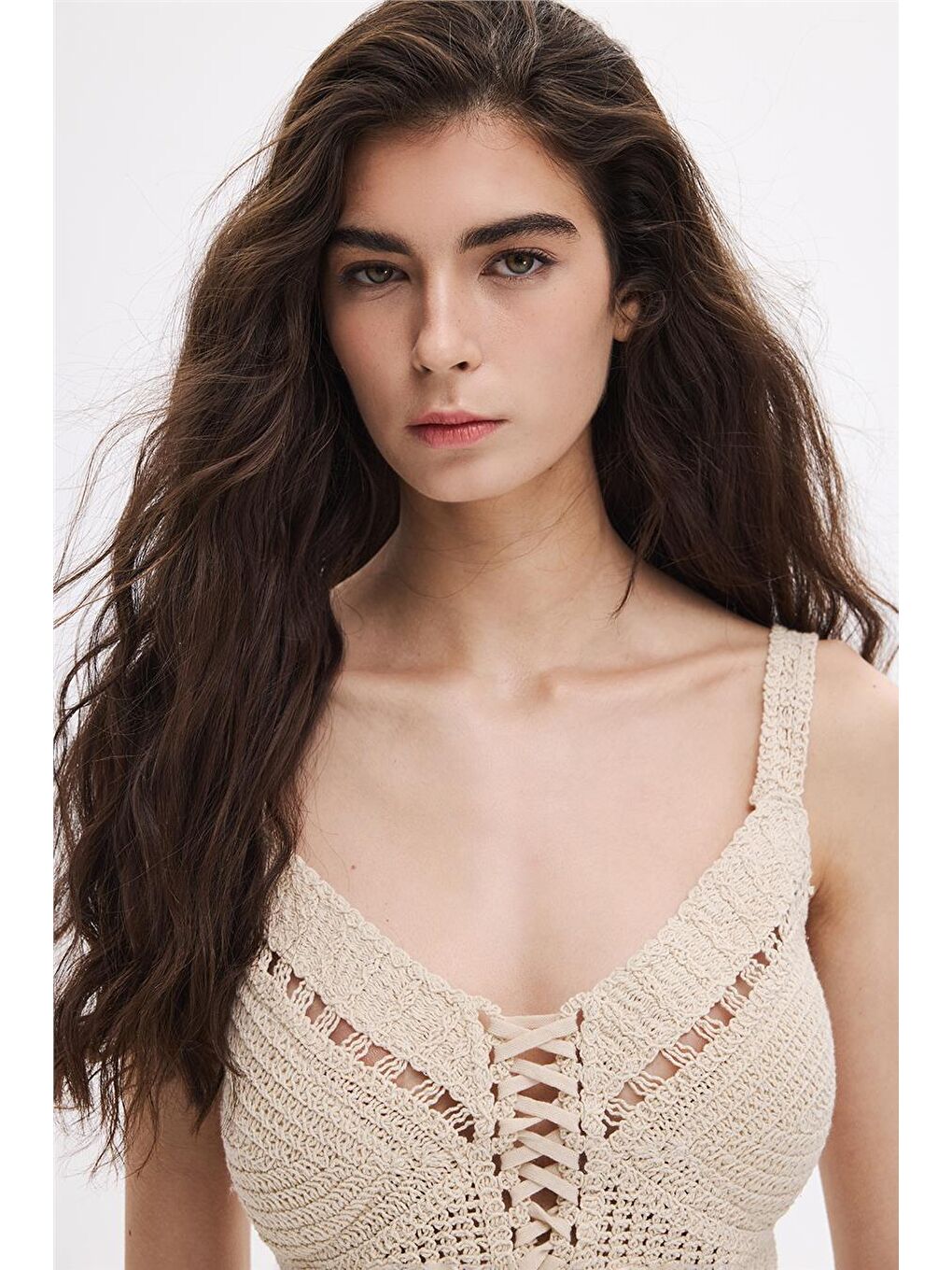 Bej Önden Bağcıklı Crop Top-1