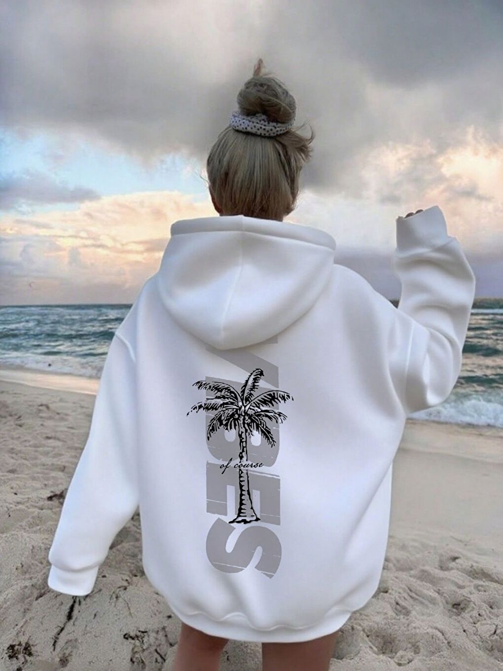 Kadın Beyaz Palm Vibes Baskılı Oversize Kapüşonlu Sweatshirt Hoodie