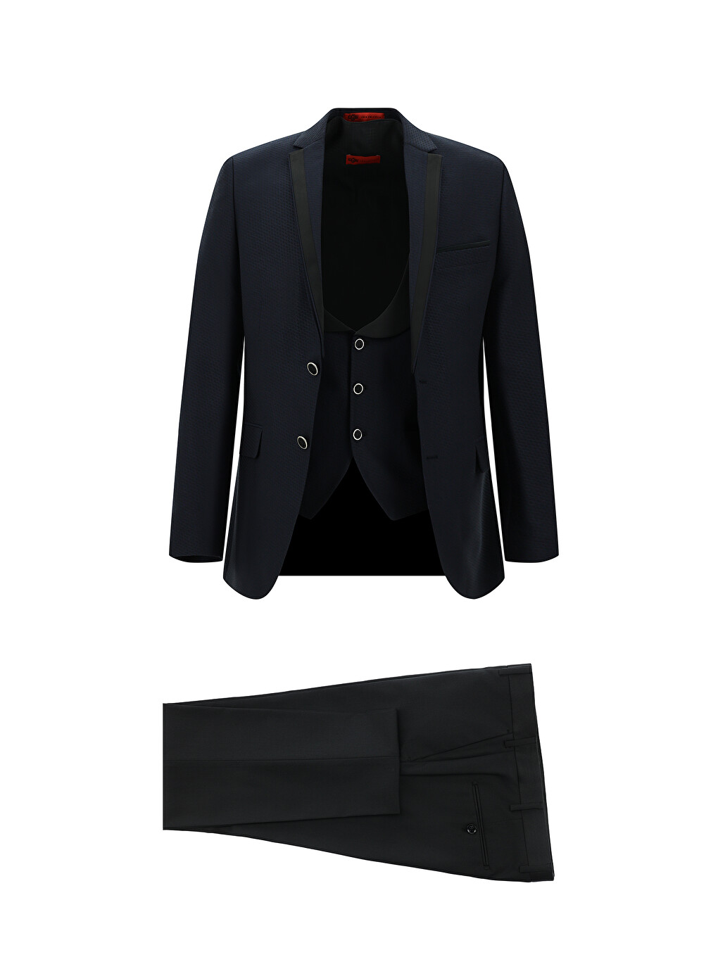Lacivert Slim Fit Dar Kesim Mono Yaka Yelekli Smokin & Damatlık