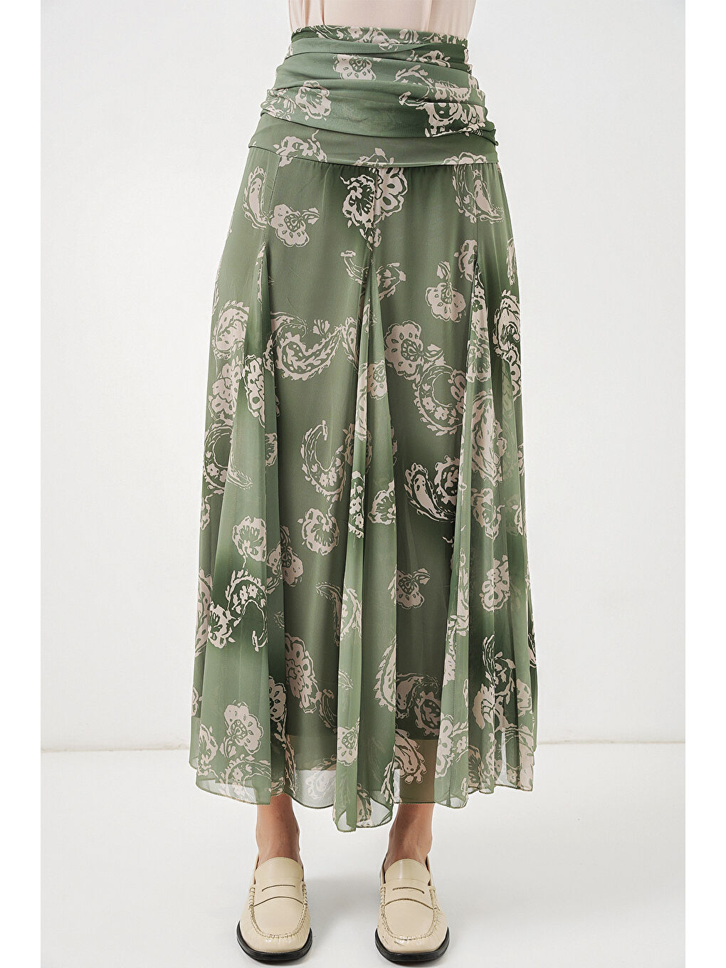 Kadın Desenli Şifon Etek 8057 - E.Yeşil-1