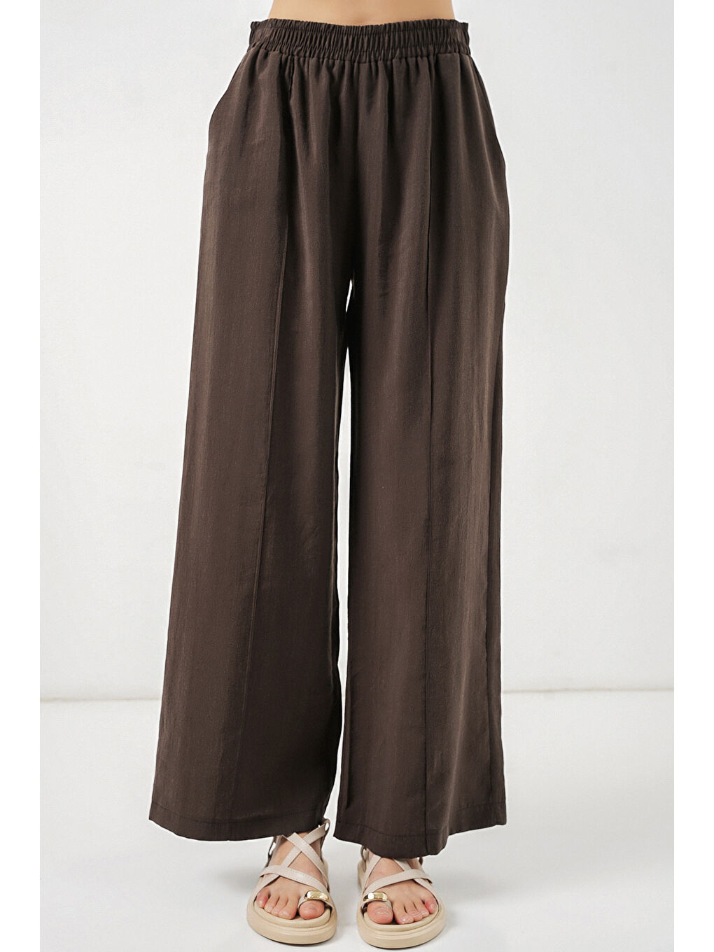 Kahverengi Kadın Beli Lastikli Bol Paça Pantolon 30087 - A.Kahve-1