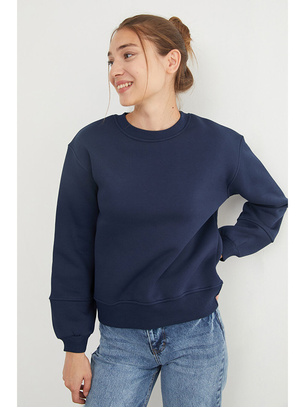 Lacivert 3 İplik Basic Bisiklet Yaka Sweatshirt
