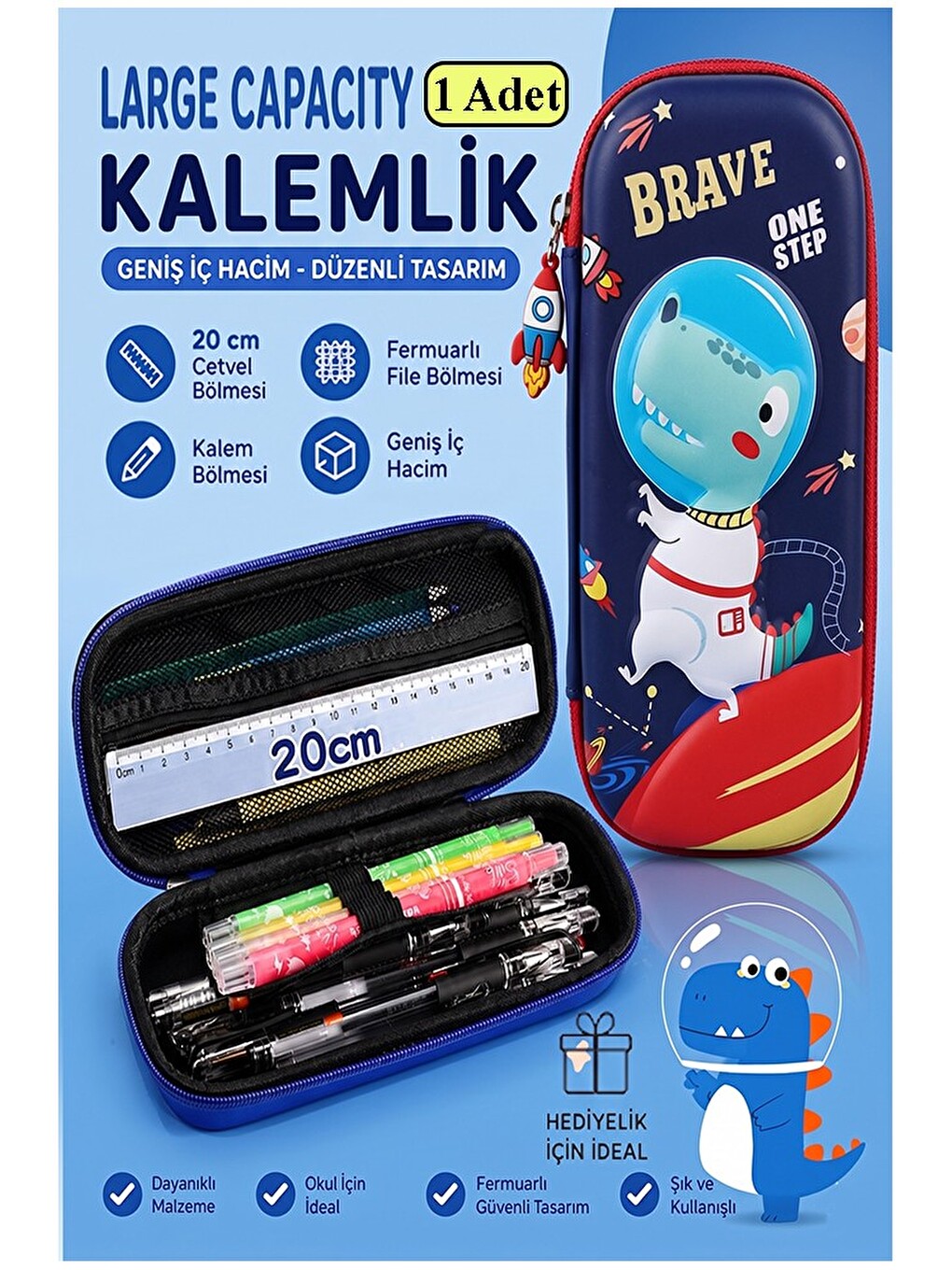 Dinozor Kabartmalı Bölmeli Kalemlik 1 Adet P-5953 Erkek Çocuk Okul Kalem Kutusu 3 Boyutlu Sevimli Ka