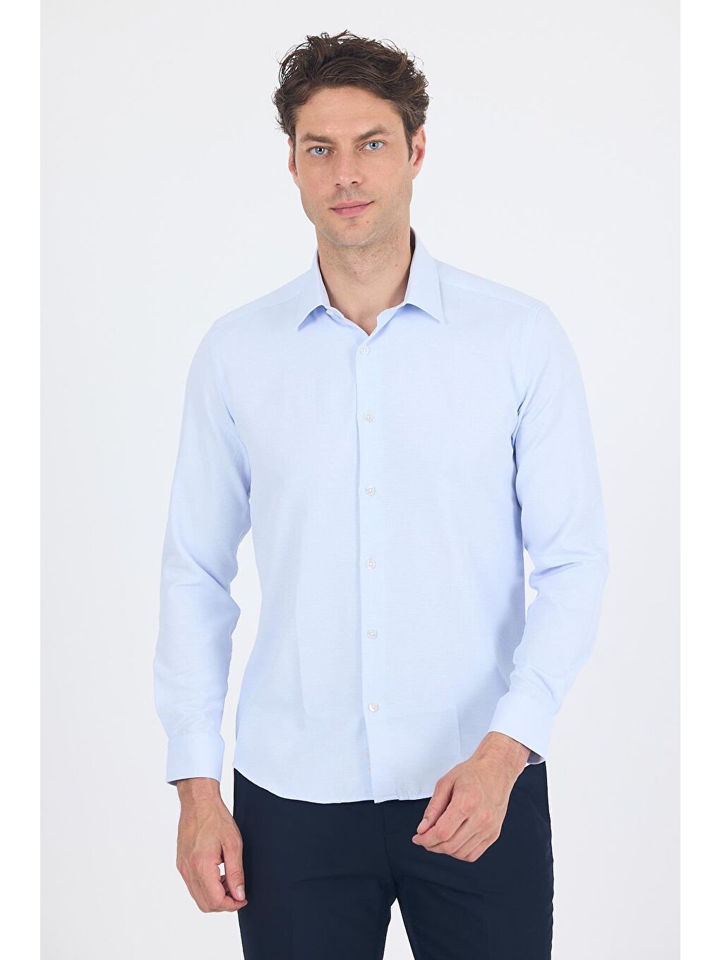 Koyu Mavi Uzun Kol Sert Yaka Cepsiz  Slim Fit Pamuklu Gömlek 1004250225