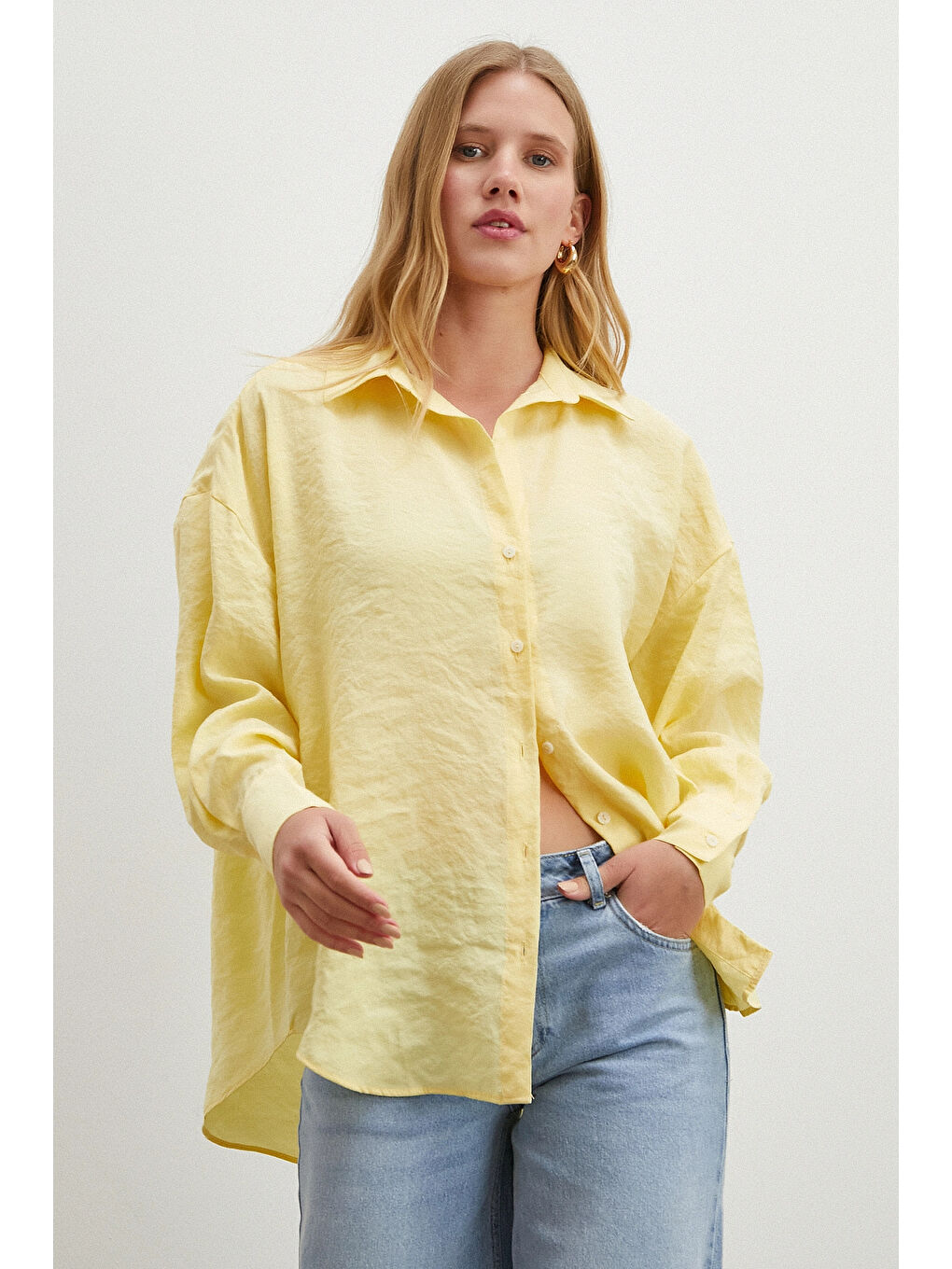 Dökümlü Oversize Modal Gömlek Sarı-2
