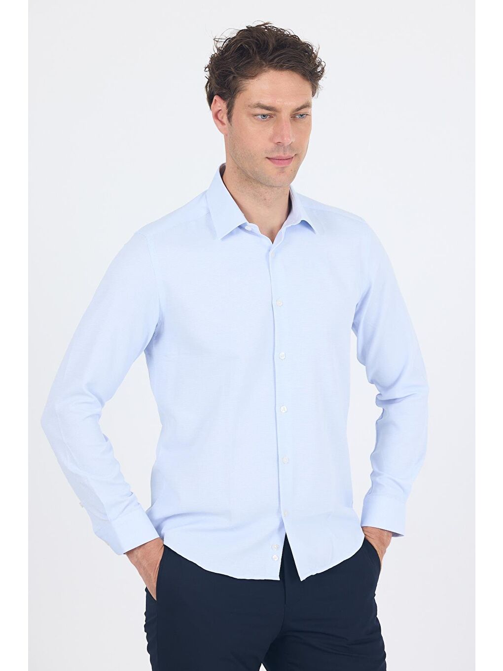 Koyu Mavi Uzun Kol Sert Yaka Cepsiz  Slim Fit Pamuklu Gömlek 1004250225-2