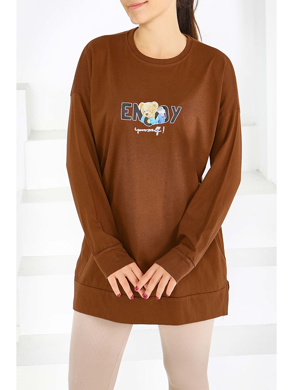 Kahverengi Uzun Kollu Baskılı Süprem Tunik Kahve - 27589