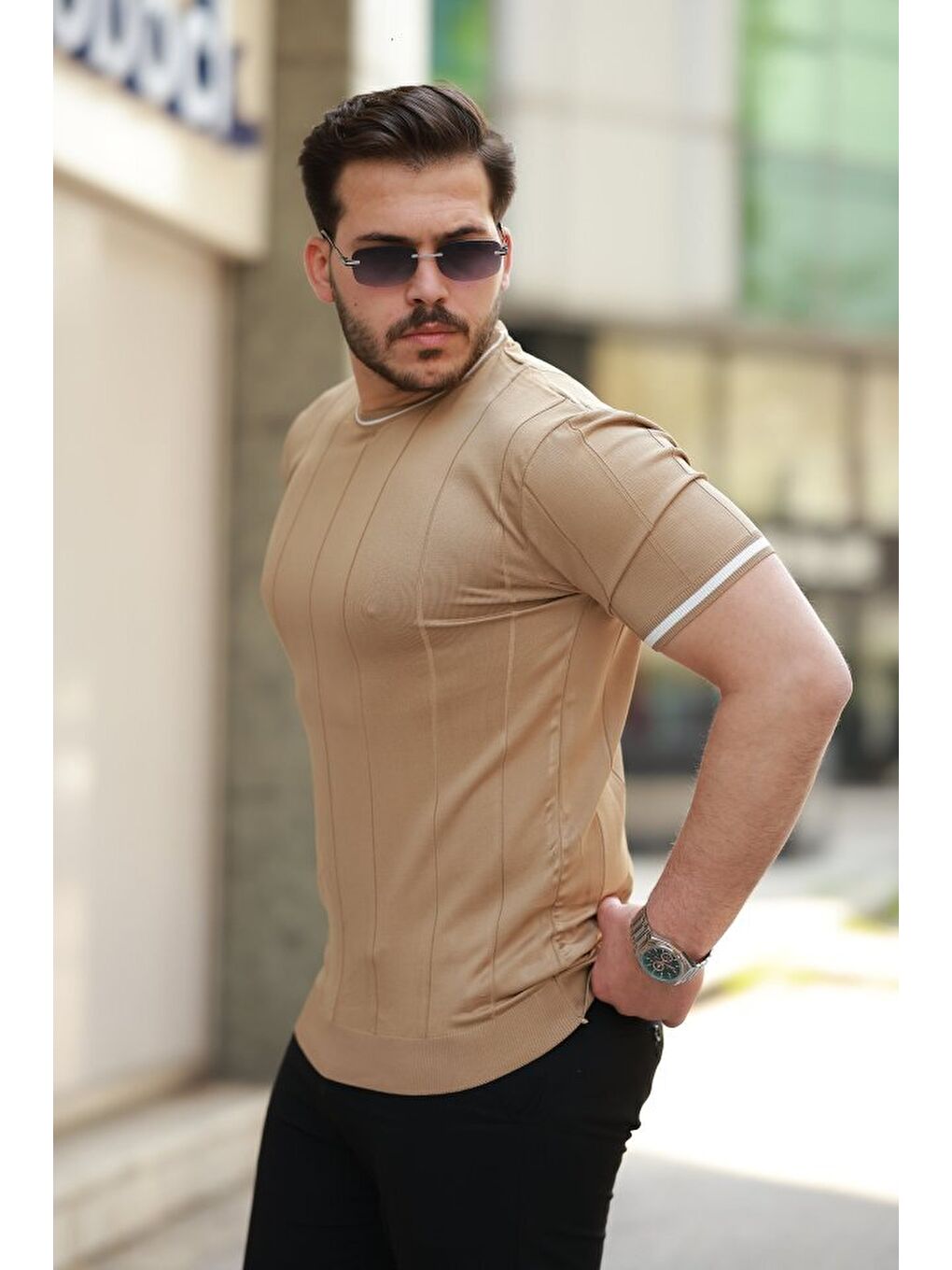 Sarı Erkek Bisiklet Yaka çizgi Desenli Ribanalı Kısa Kollu Tshirt-1