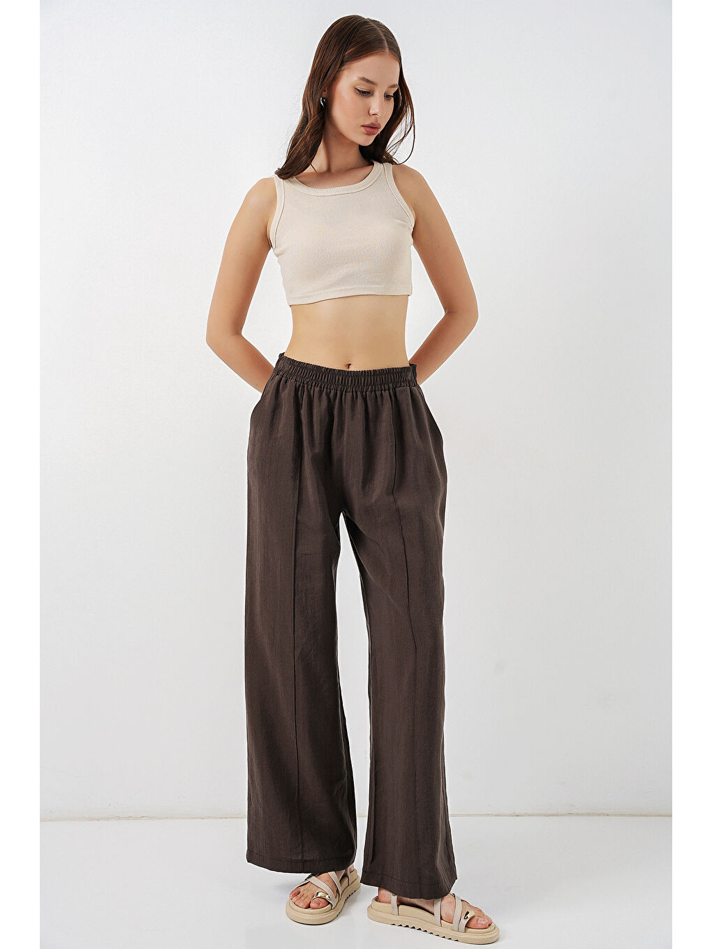 Kahverengi Kadın Beli Lastikli Bol Paça Pantolon 30087 - A.Kahve-2