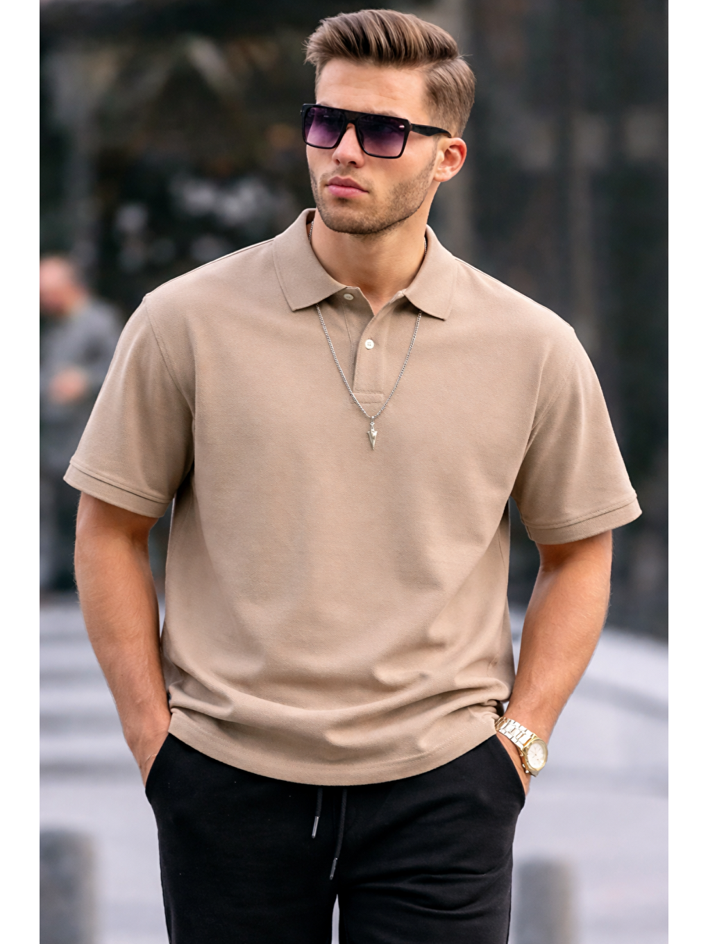 Bej Erkek Kısa Kollu Basic 3 Lü Polo Yaka Tişört-2