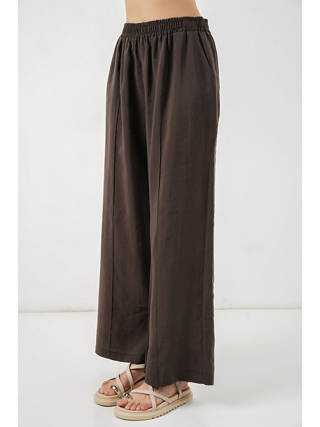 Kahverengi Kadın Beli Lastikli Bol Paça Pantolon 30087 - A.Kahve-3