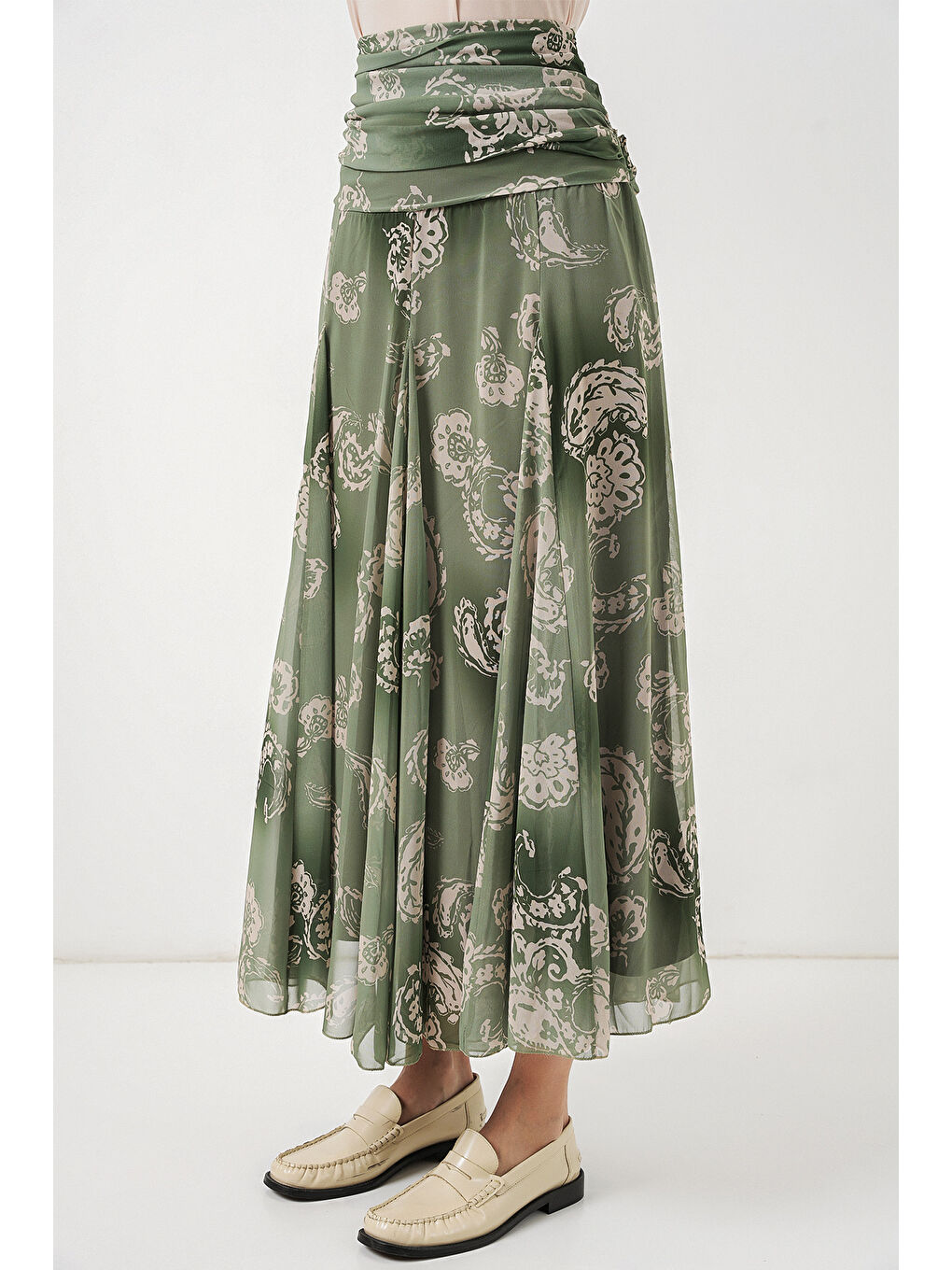 Kadın Desenli Şifon Etek 8057 - E.Yeşil-3