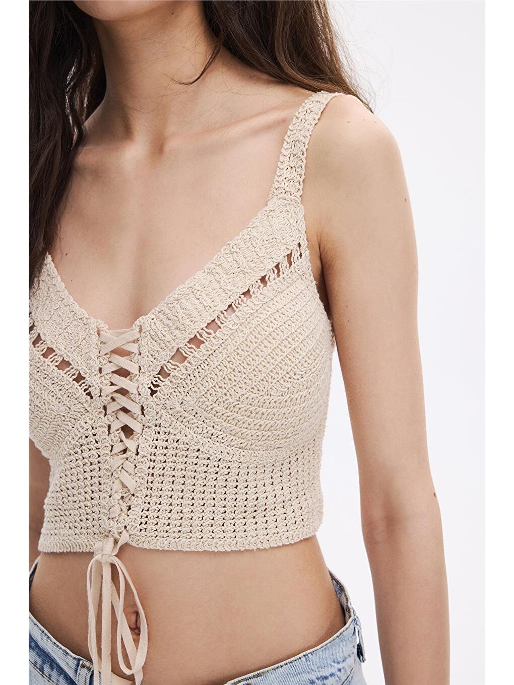 Bej Önden Bağcıklı Crop Top-3