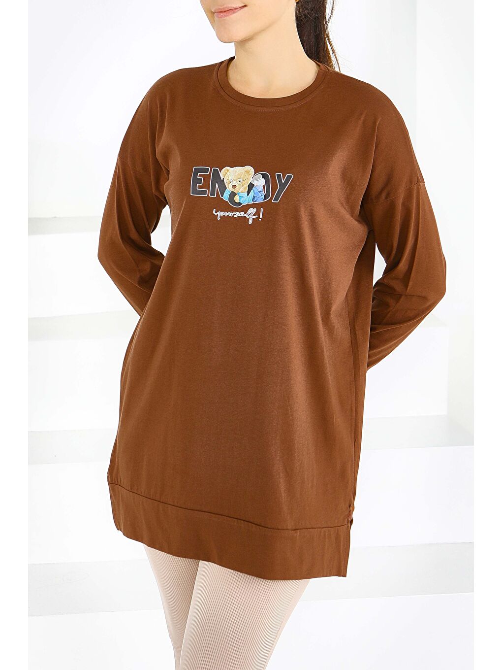 Kahverengi Uzun Kollu Baskılı Süprem Tunik Kahve - 27589-1