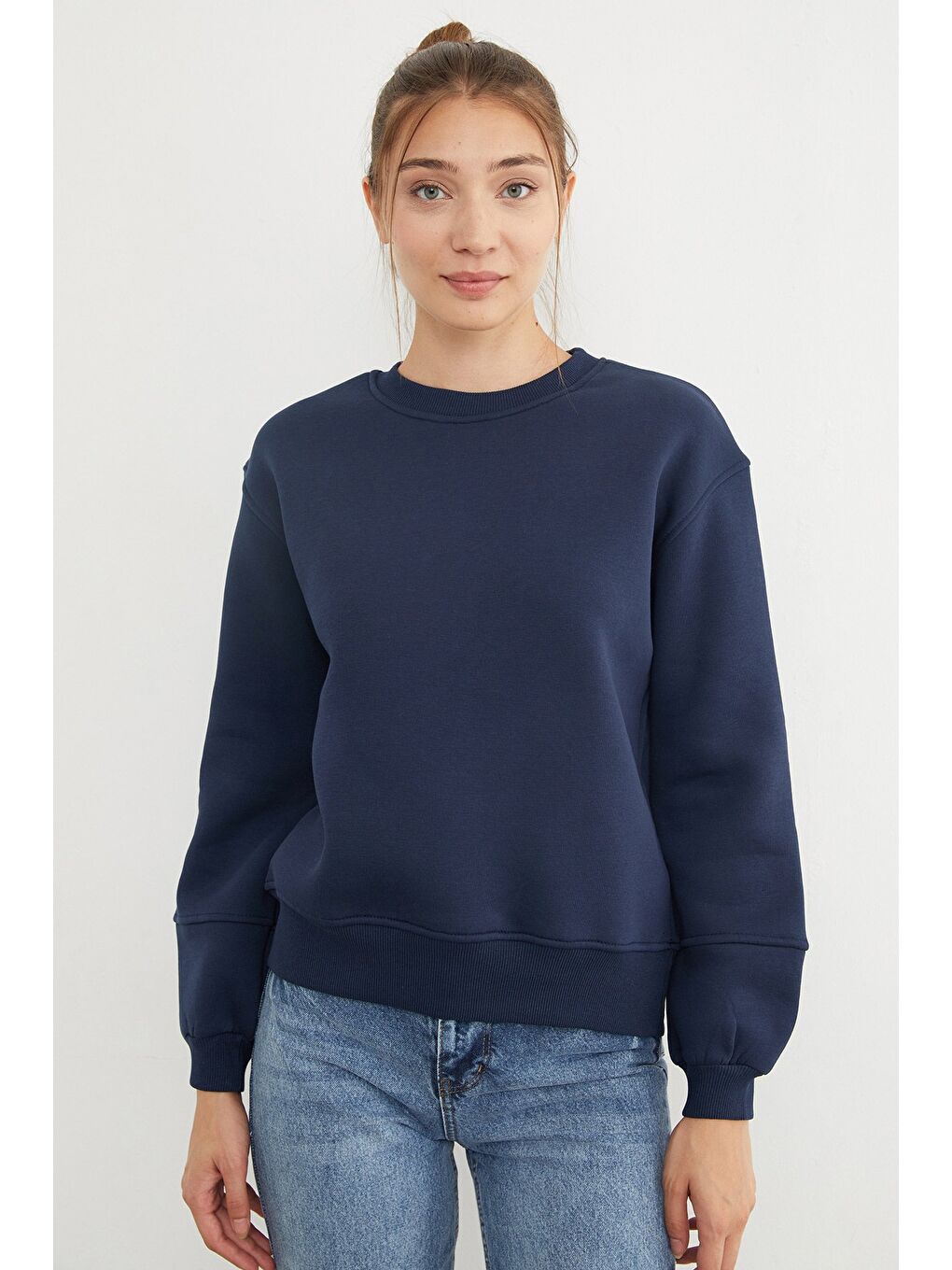 Lacivert 3 İplik Basic Bisiklet Yaka Sweatshirt-1