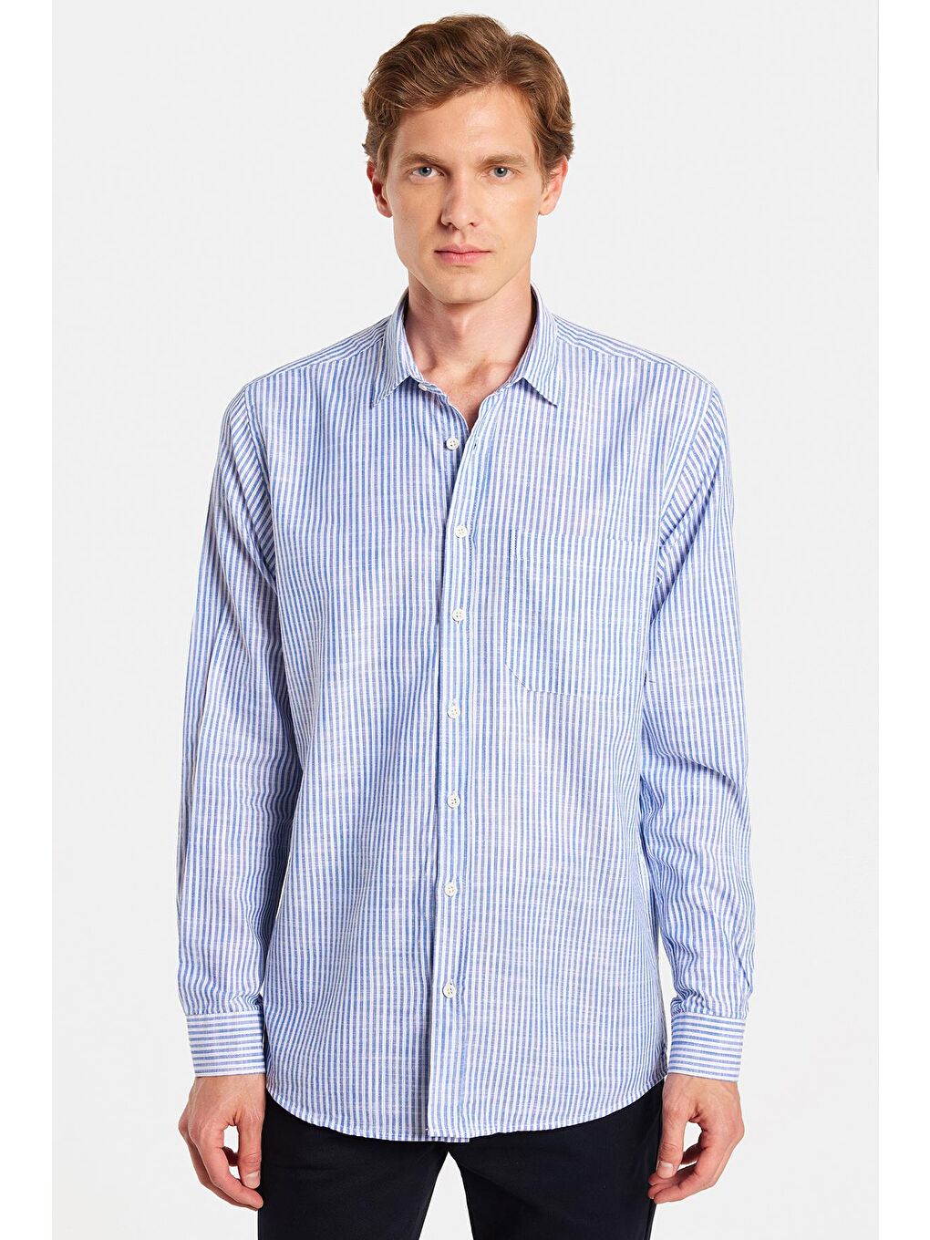 Mavi Erkek Regular Fit Klasik Kesim Uzun Kollu %100 Pamuk Keten Doku Tek Cepli Çizgili Yeşil Gömlek