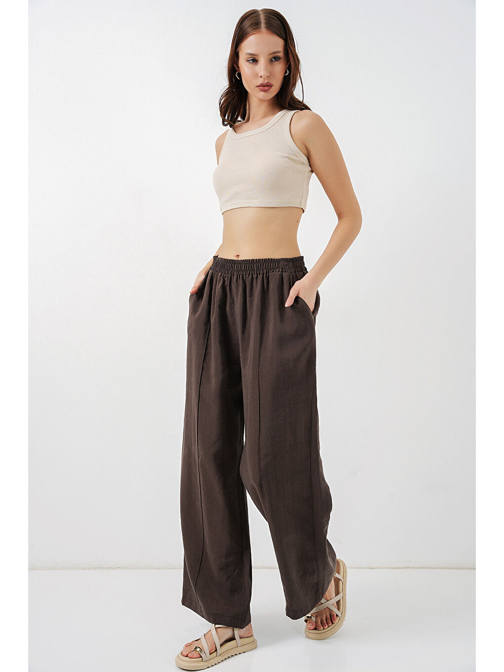 Kahverengi Kadın Beli Lastikli Bol Paça Pantolon 30087 - A.Kahve-4