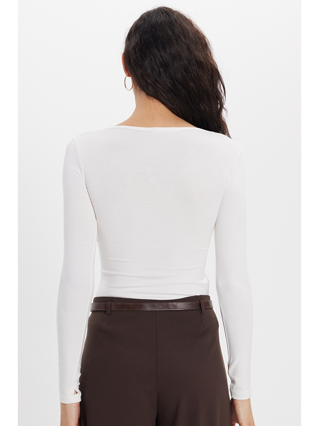 Kadın Slim Fit Dar Kesim Pamuklu Uzun Kollu V Yaka Ekru Tişört Bluz-6