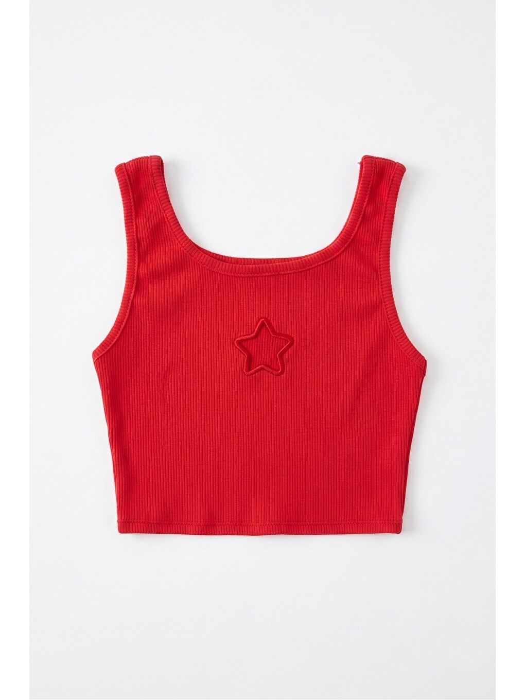 Kırmızı Yıldız Nakışlı Fitilli Askılı Kız Çocuk Crop Bluz - Cindy