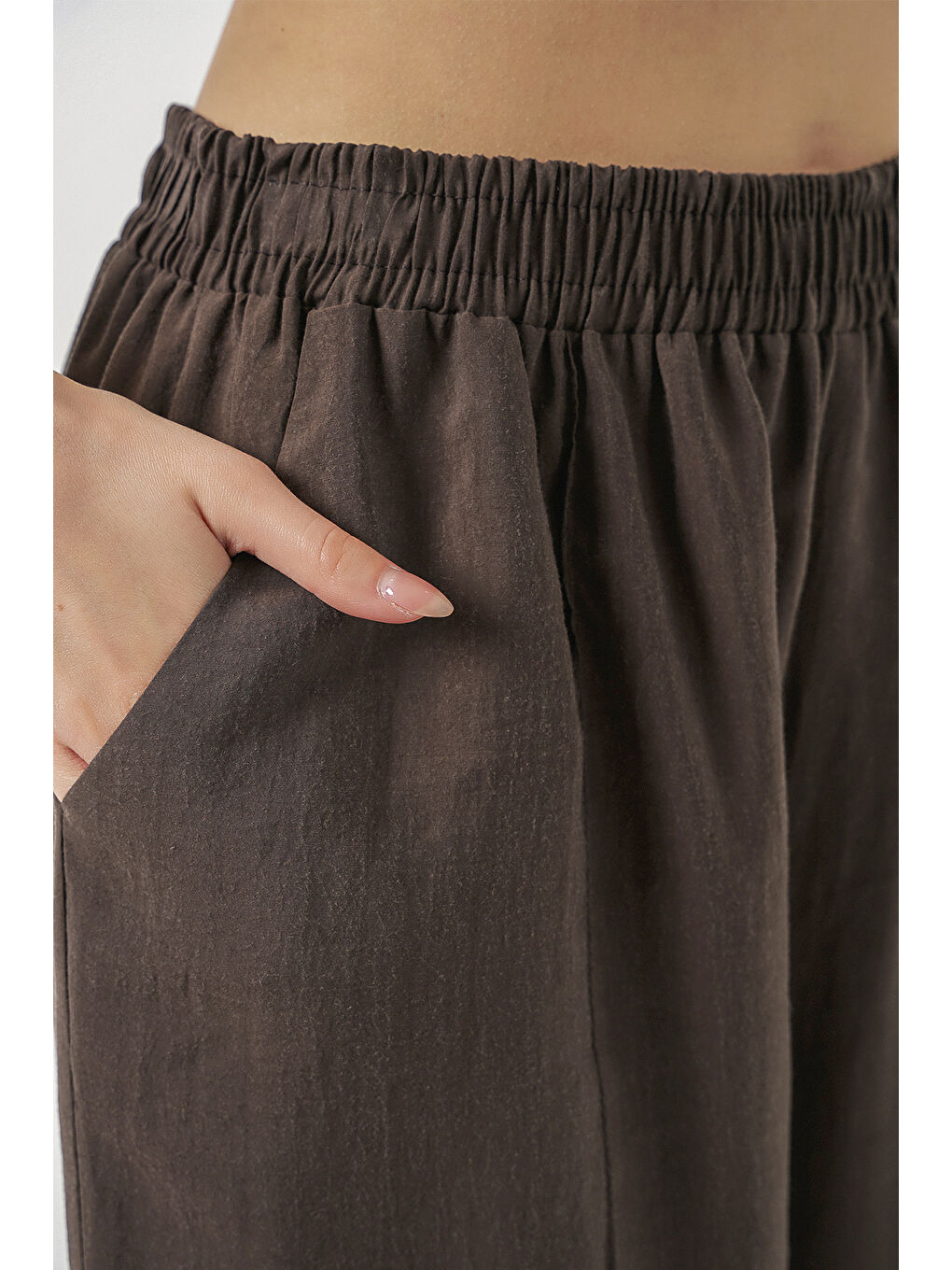 Kahverengi Kadın Beli Lastikli Bol Paça Pantolon 30087 - A.Kahve-5