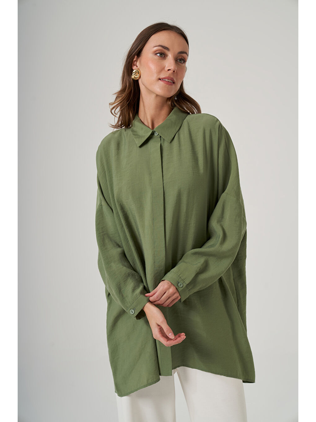 Yeşil Oversize Basic Yazlık Gömlek 3001 Sarmaşık