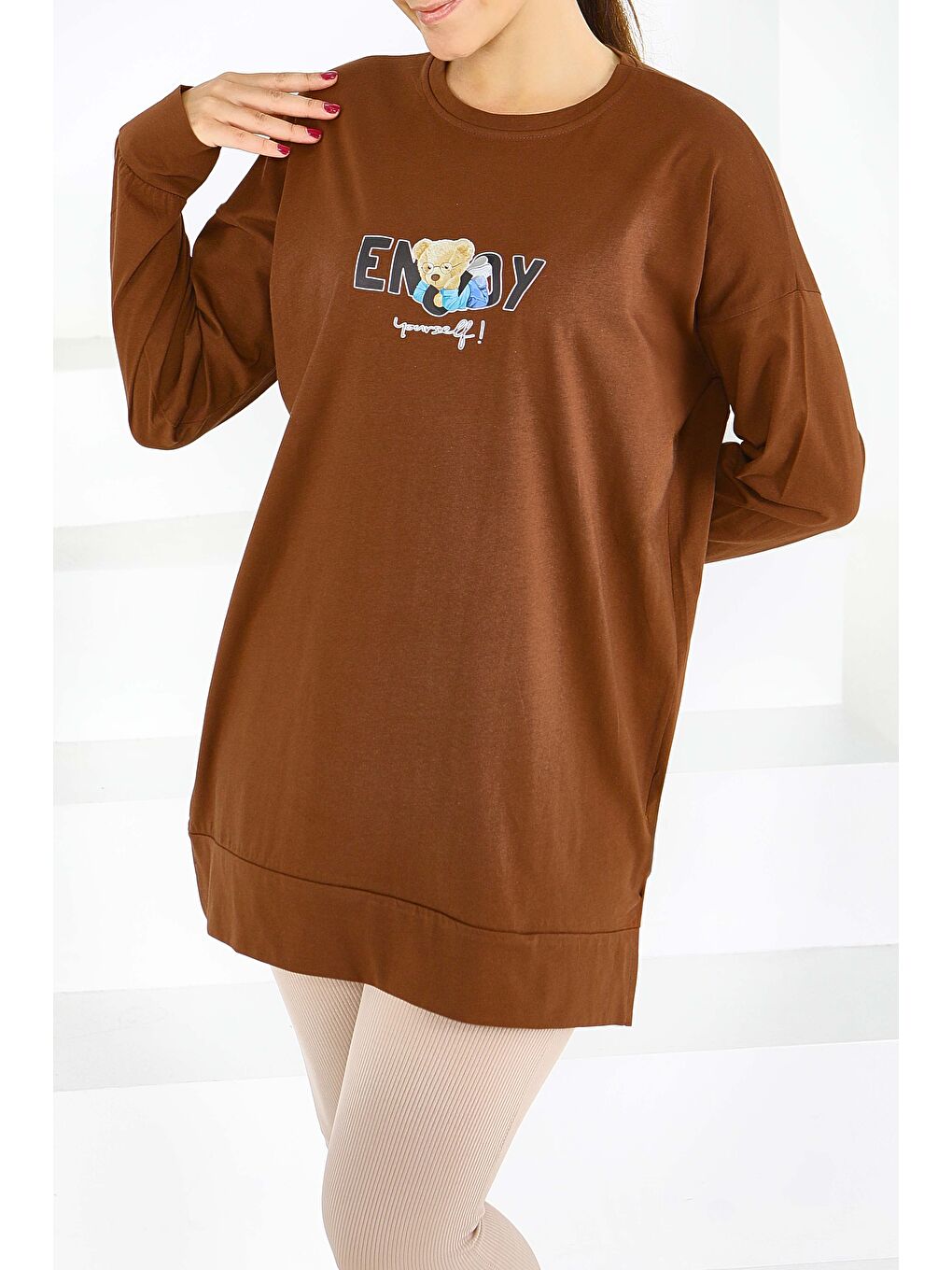 Kahverengi Uzun Kollu Baskılı Süprem Tunik Kahve - 27589-2