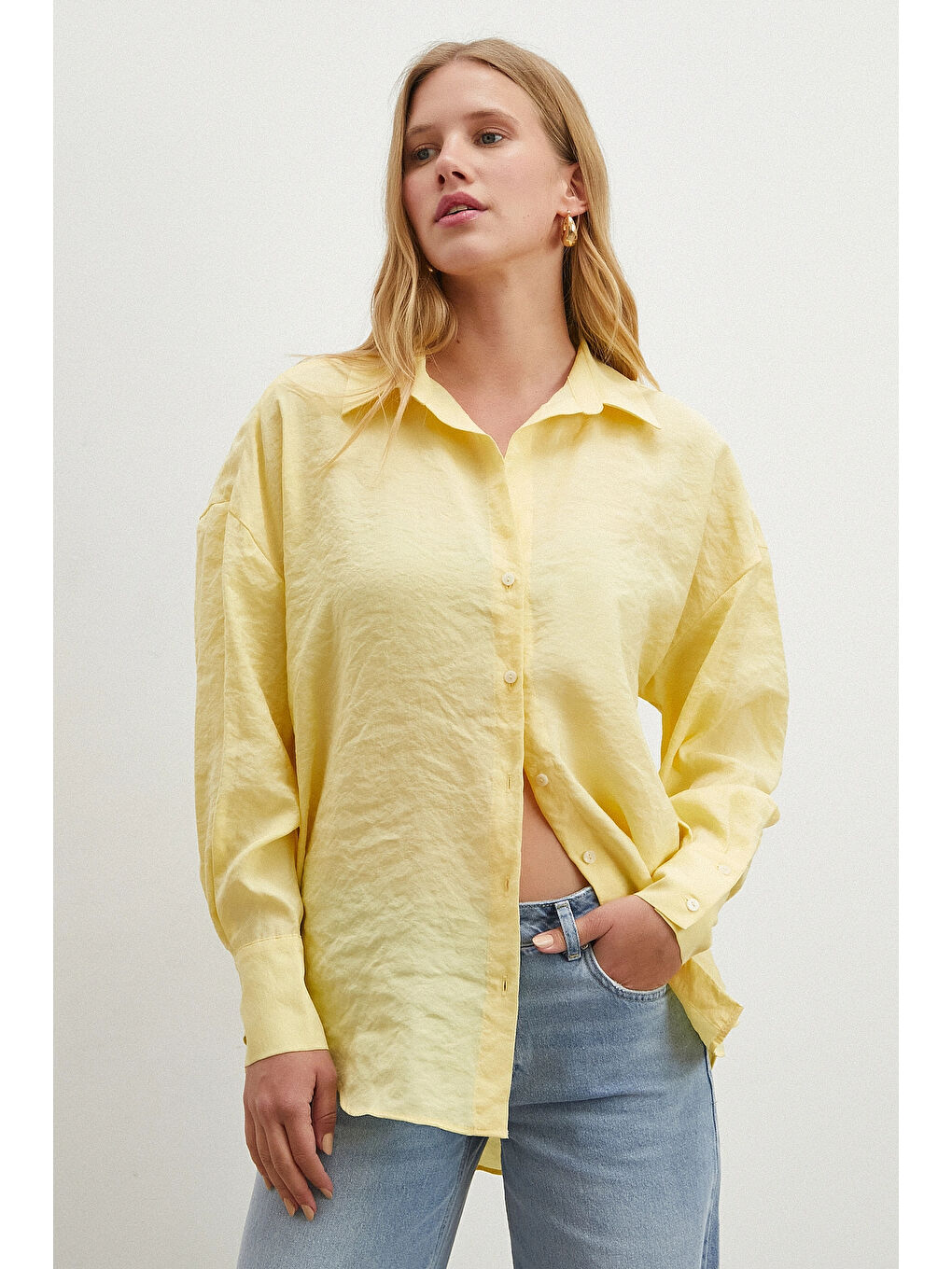 Dökümlü Oversize Modal Gömlek Sarı-3
