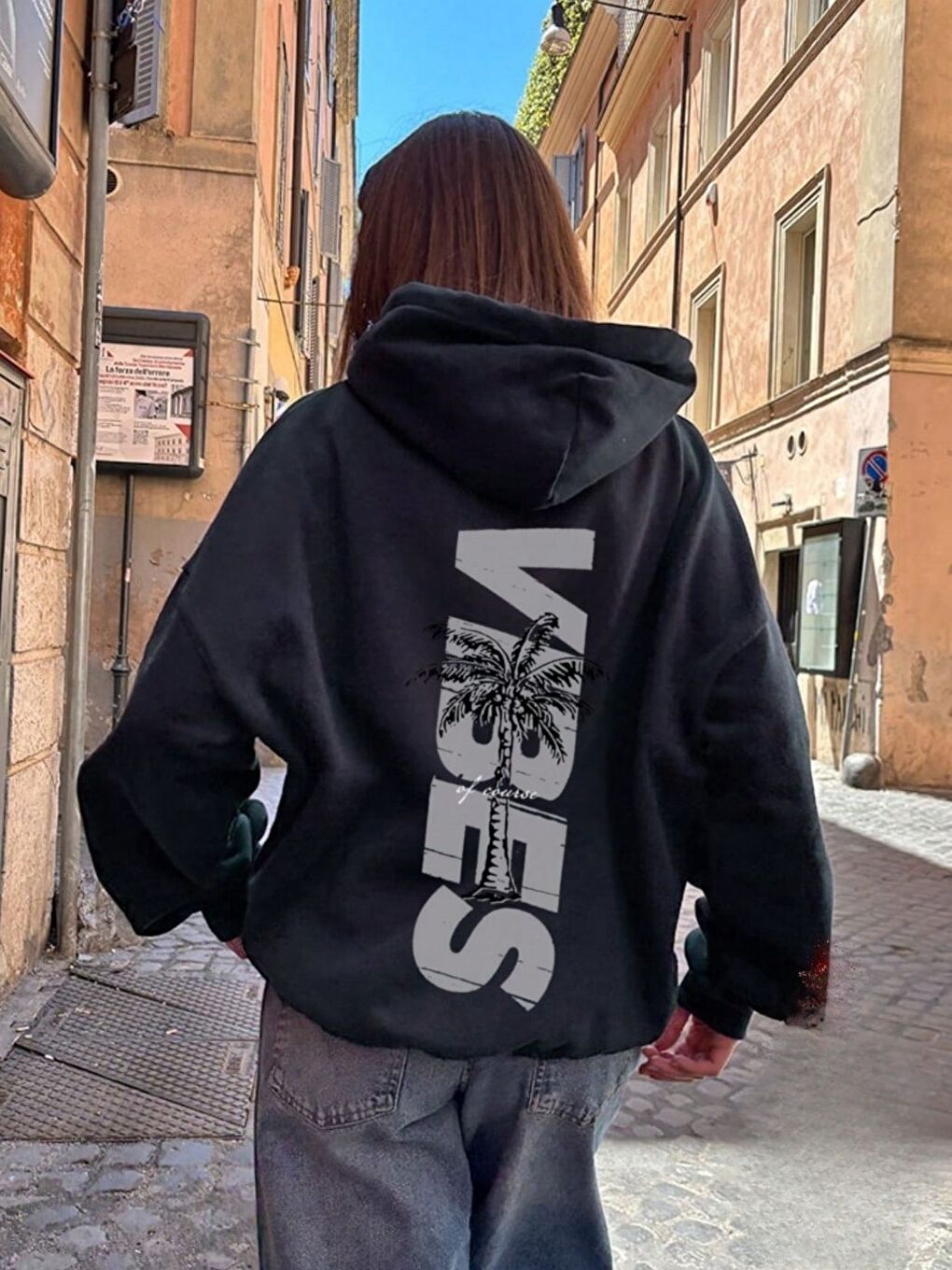 Kadın Siyah Palm Vibes Baskılı Oversize Kapüşonlu Sweatshirt Hoodie