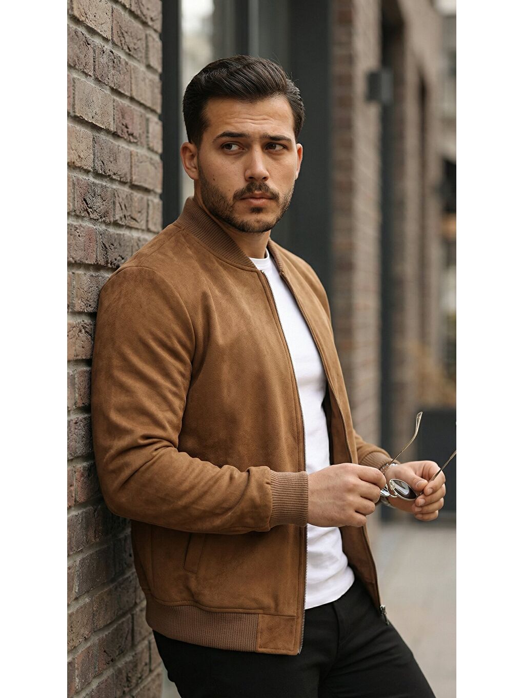 Kahverengi Erkek önden Fermuarlı Içi Astarlı Süet Ceket